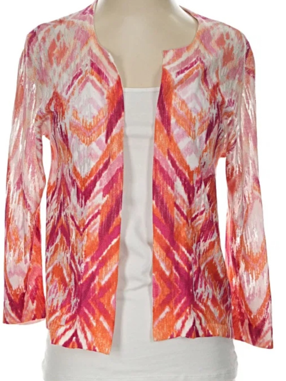 Chico's Pink & Orange Open-Front Patterned Cardigan